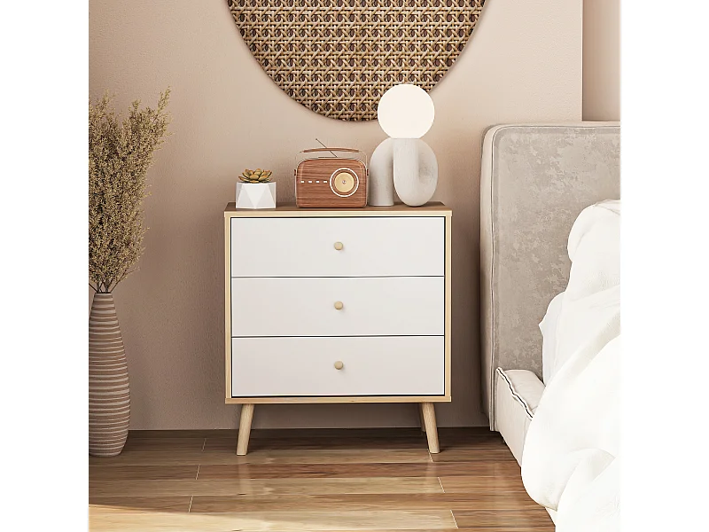 Chiffonnier 3 tiroirs style nordique - dim. 60 x 35 x 65 cm - piètement effilé effet bois clair blanc