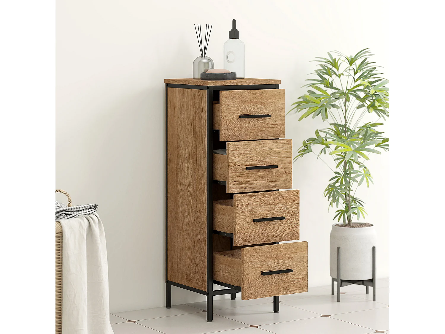 Chiffonnier industriel bois et métal 4 tiroirs dim. 30 x 30 x 82 cm