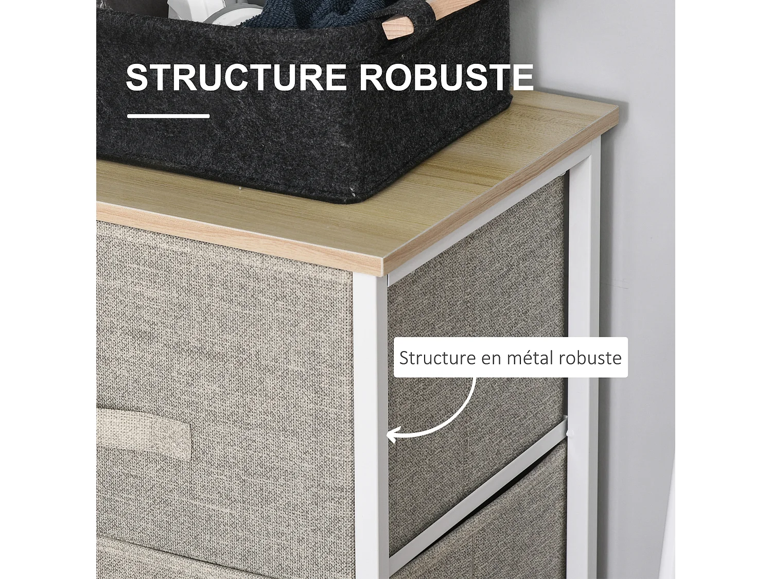 Rangement 3 tiroirs chiffonnier métal blanc effet bois clair non tissé gris clair