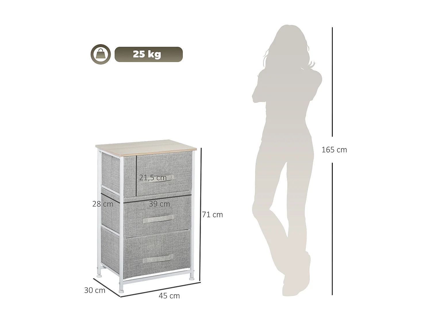 Rangement 3 tiroirs chiffonnier métal blanc effet bois clair non tissé gris clair