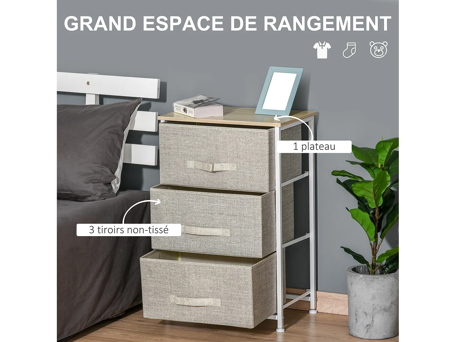 Rangement 3 tiroirs chiffonnier métal blanc effet bois clair non tissé gris clair