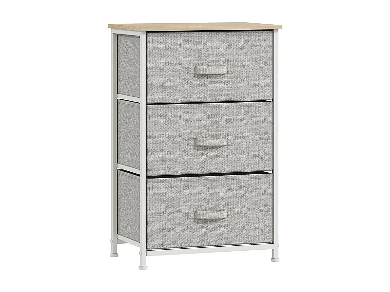 Rangement 3 tiroirs chiffonnier métal blanc effet bois clair non tissé gris clair
