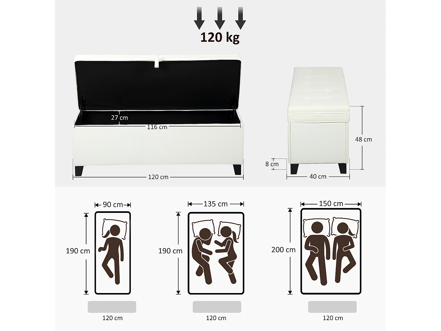 Banquette bout de lit coffre design Chesterfield dim. 120 x 40 x 48 cm tissu écru