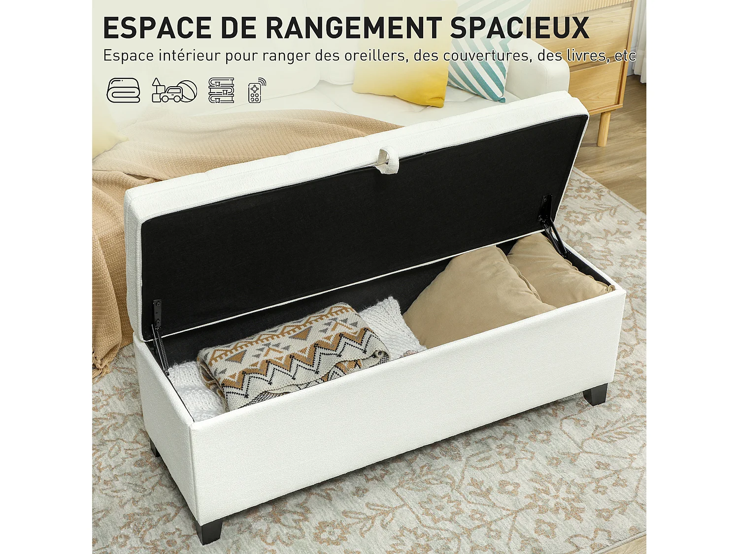 Banquette bout de lit coffre design Chesterfield dim. 120 x 40 x 48 cm tissu écru