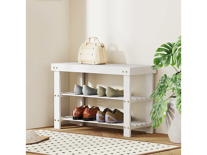 Banc à chaussures 2 étagères dim. 70L x 28l x 45H cm bois bambou blanc