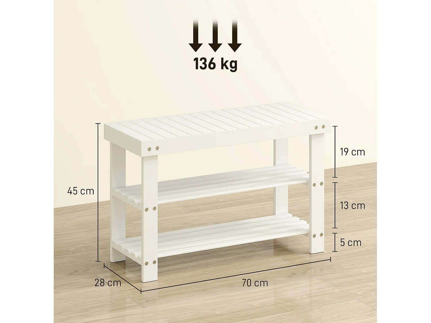 Banc à chaussures 2 étagères dim. 70L x 28l x 45H cm bois bambou blanc