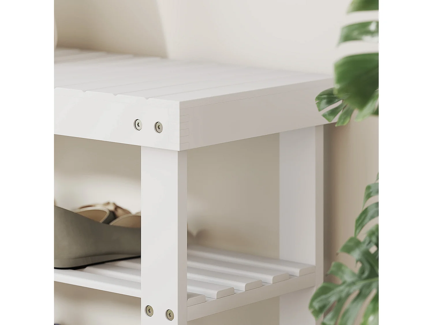 Banc à chaussures 2 étagères dim. 70L x 28l x 45H cm bois bambou blanc