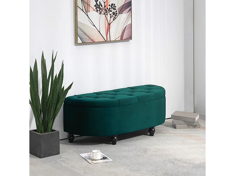 Pouf de rangement coffre 2 en 1 - pouf design classique chic capitonné demi-cercle - pieds bois hévéa noir revêtement velours vert emeraude