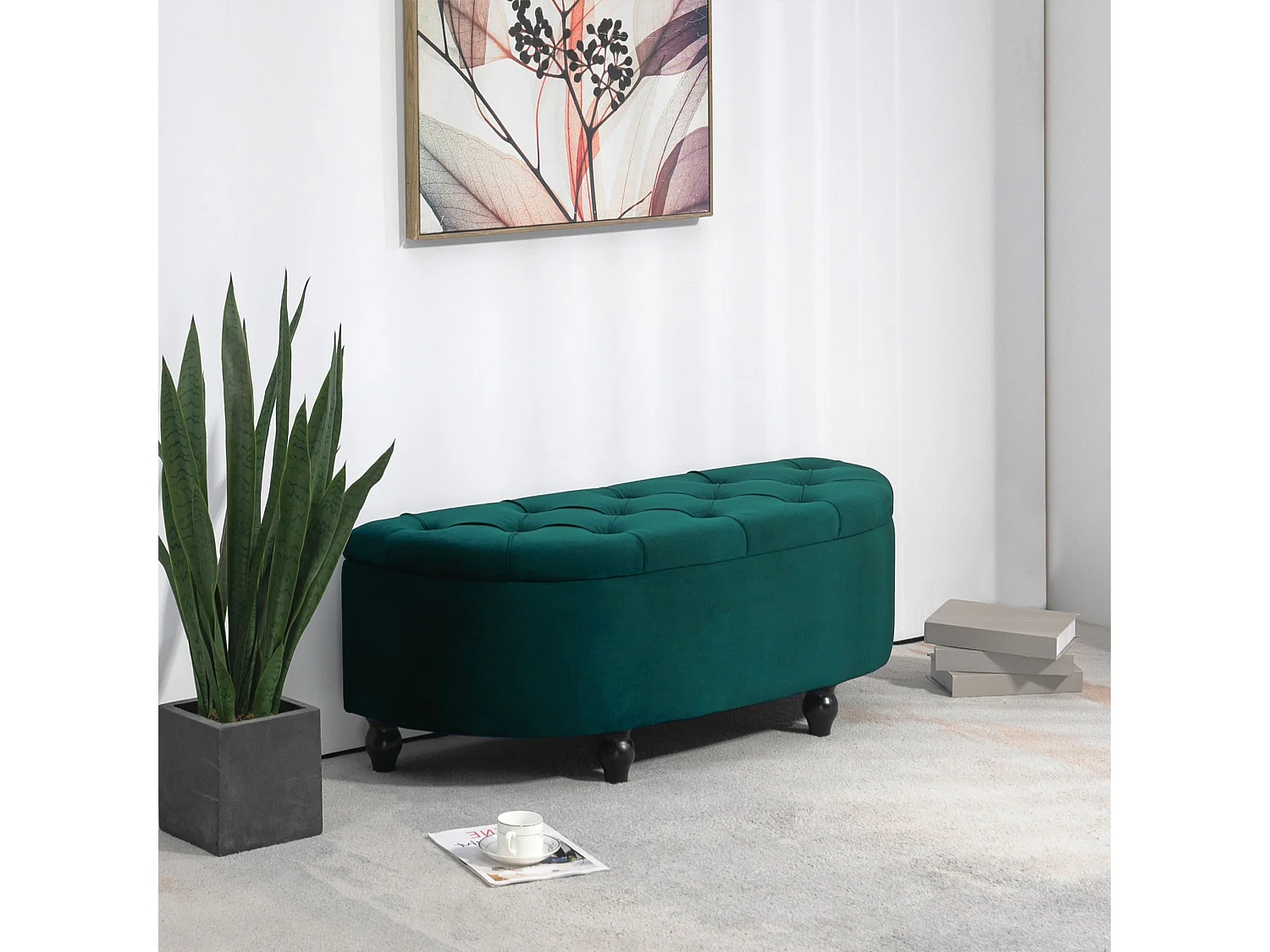Pouf de rangement coffre 2 en 1 - pouf design classique chic capitonné demi-cercle - pieds bois hévéa noir revêtement velours vert emeraude