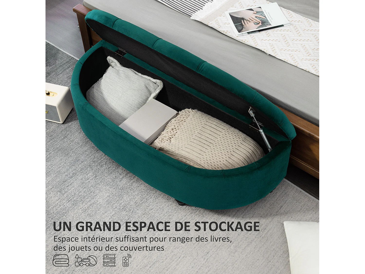 Pouf de rangement coffre 2 en 1 - pouf design classique chic capitonné demi-cercle - pieds bois hévéa noir revêtement velours vert emeraude