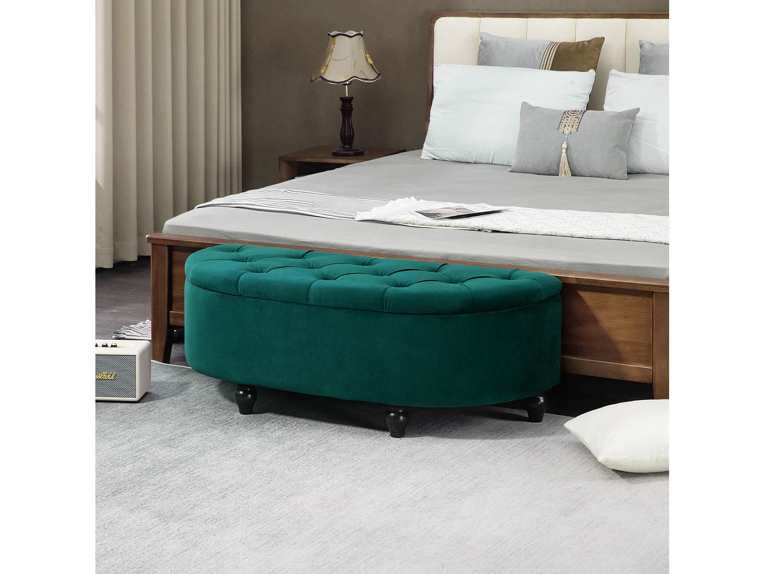 Pouf de rangement coffre 2 en 1 - pouf design classique chic capitonné demi-cercle - pieds bois hévéa noir revêtement velours vert emeraude