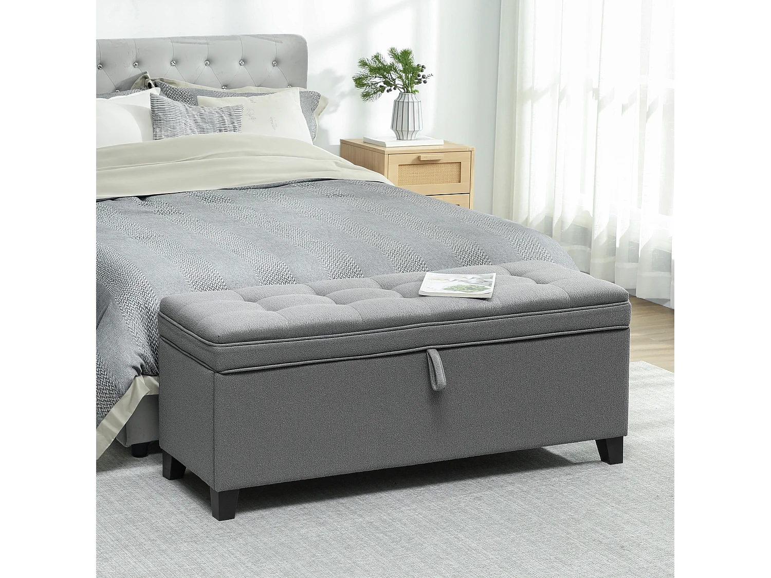 Banquette bout de lit coffre design Chesterfield dim. 120 x 40 x 48 cm tissu gris