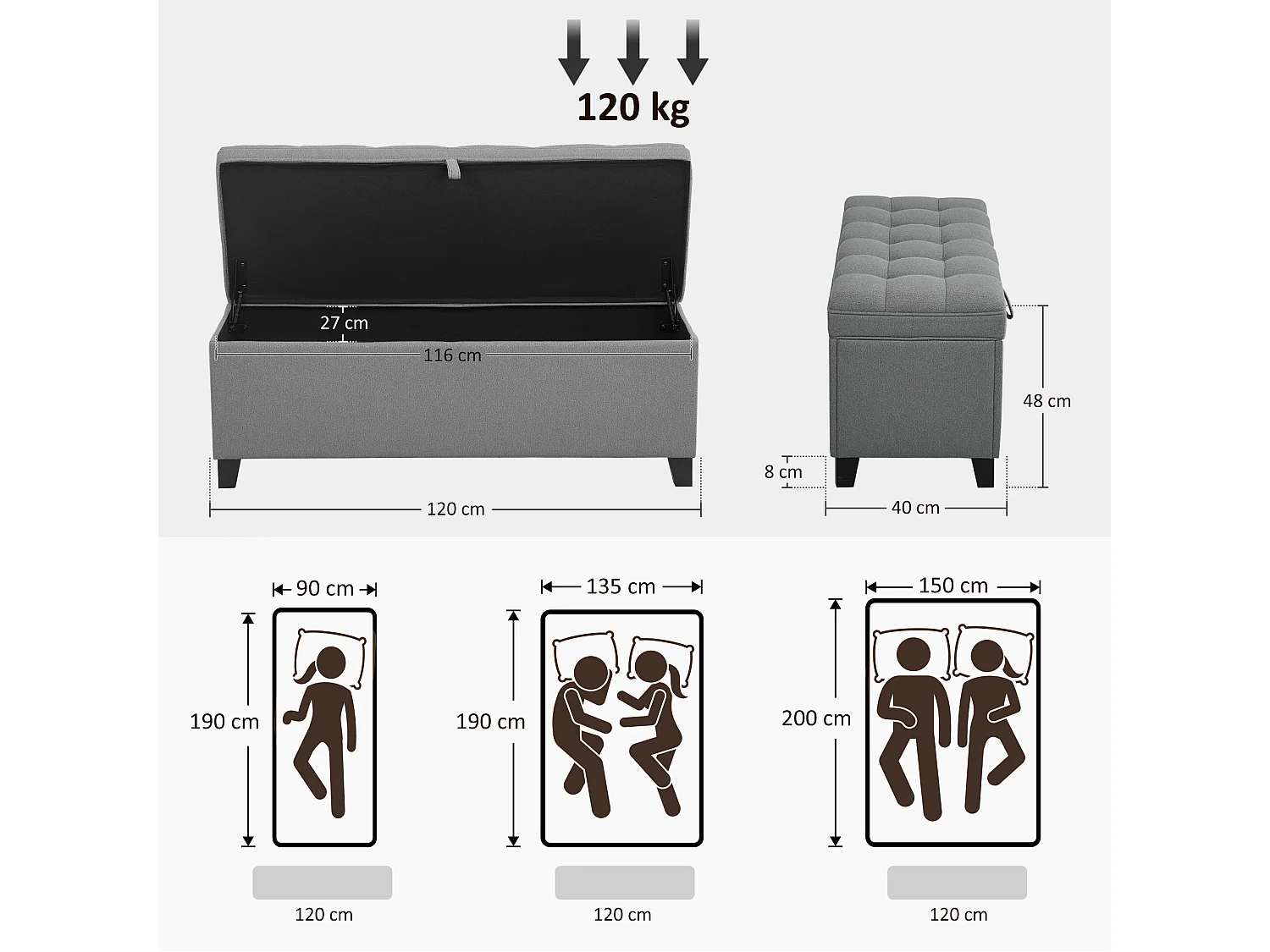 Banquette bout de lit coffre design Chesterfield dim. 120 x 40 x 48 cm tissu gris