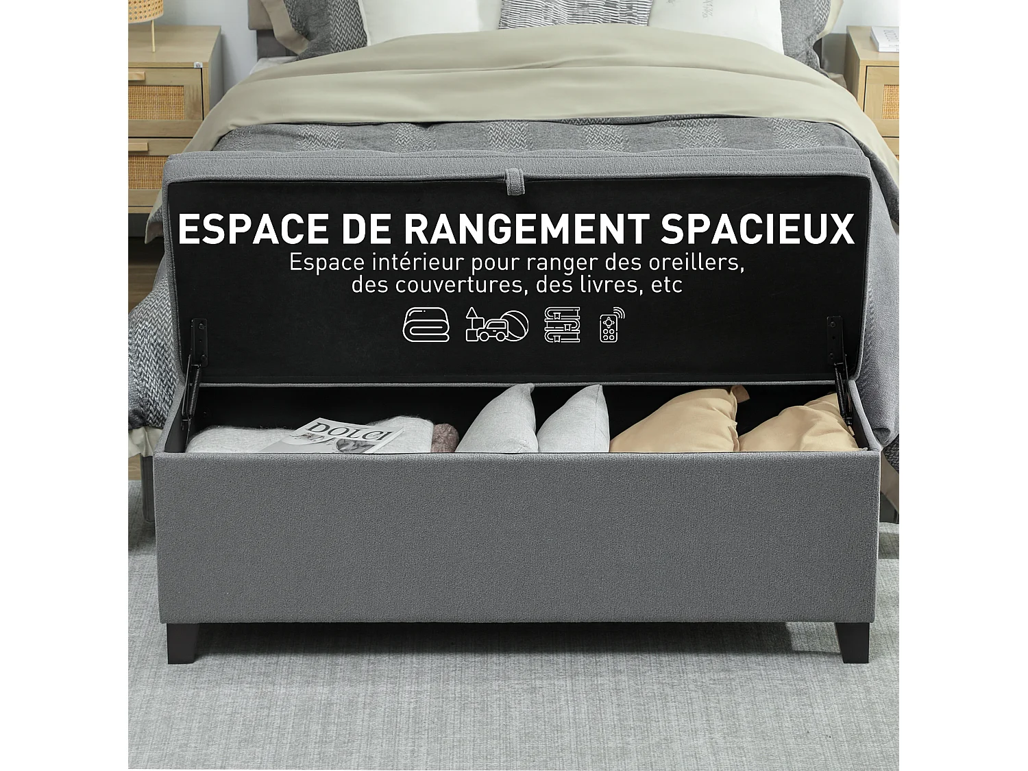 Banquette bout de lit coffre design Chesterfield dim. 120 x 40 x 48 cm tissu gris