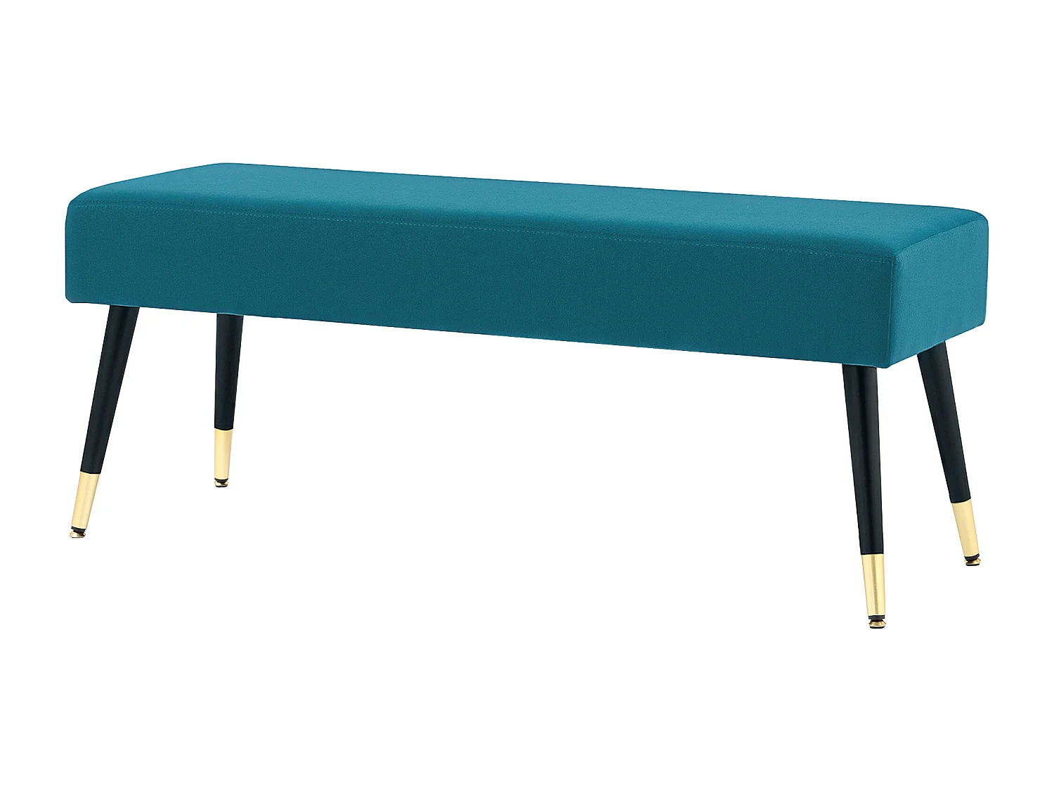 Banquette style Art déco piètement incliné effilé métal noir doré velours bleu canard