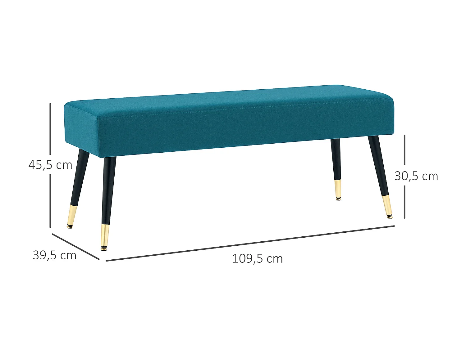 Banquette style Art déco piètement incliné effilé métal noir doré velours bleu canard