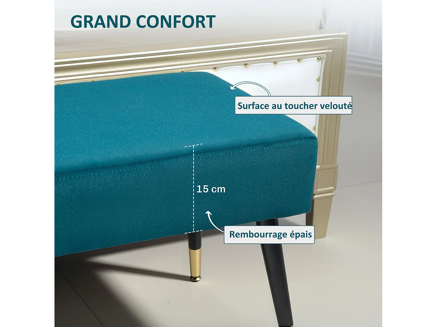 Banquette style Art déco piètement incliné effilé métal noir doré velours bleu canard