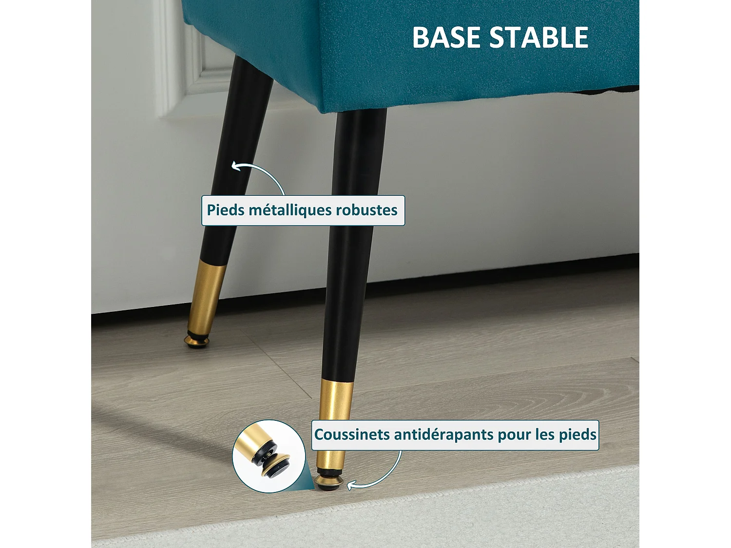 Banquette style Art déco piètement incliné effilé métal noir doré velours bleu canard