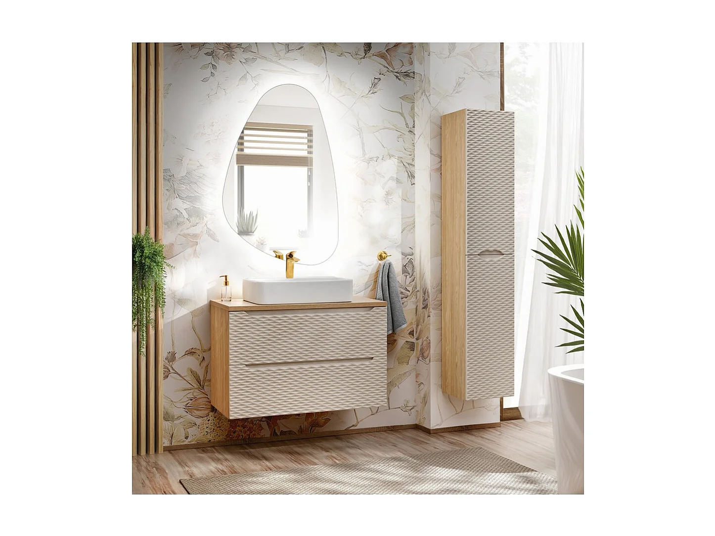 Colonne de salle de bain YOKA – Beige et chêne clair – 2 portes