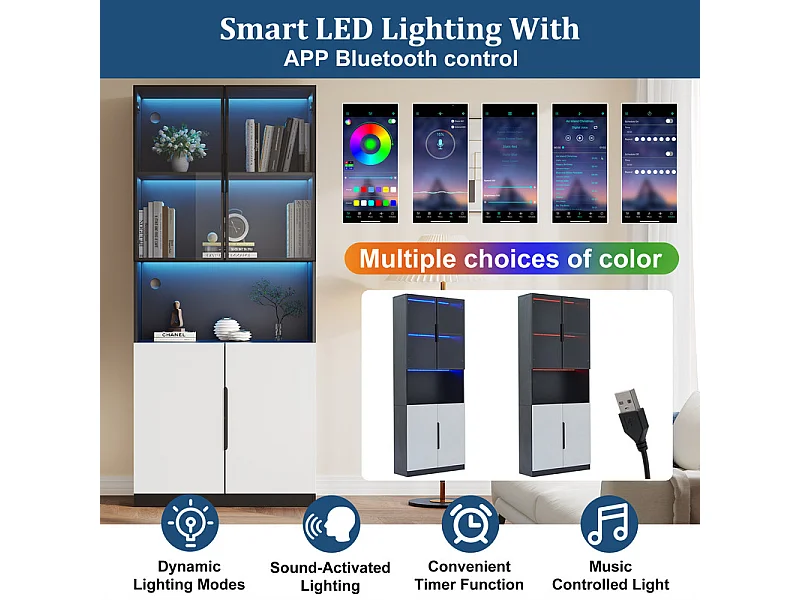 Vitrine avec LED - 4 portes et 1 niche - dispositif anti-inclinaison - couleur et luminosité réglables - 80x30x200cm
