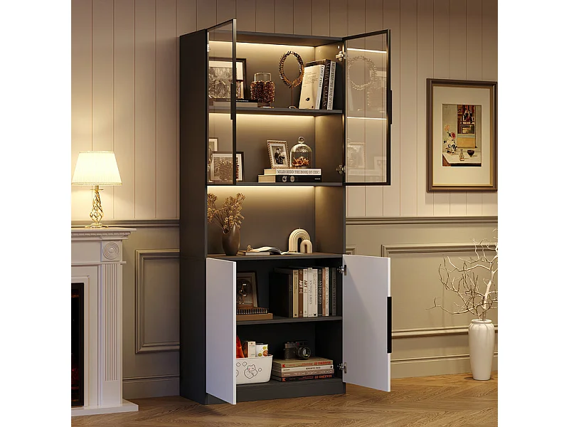 Vitrine avec LED - 4 portes et 1 niche - dispositif anti-inclinaison - couleur et luminosité réglables - 80x30x200cm