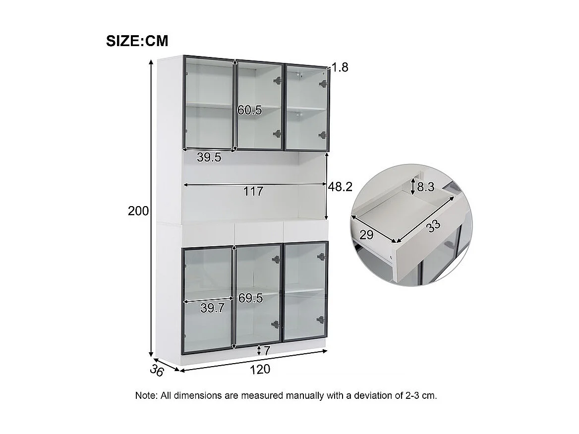 Vitrine Murale - 12 portes en verre et 6 tiroirs - avec RGB LED - Panneau de particule - 240x36x200cm