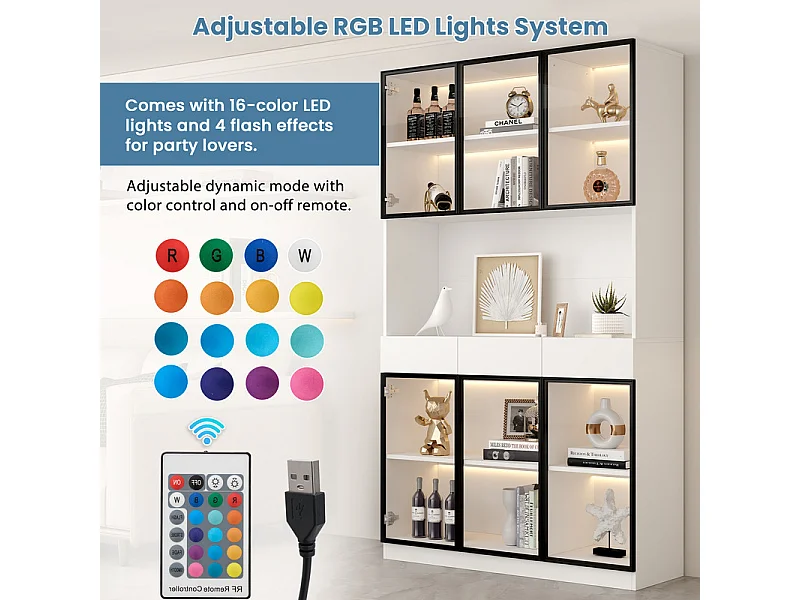 Vitrine Murale - 12 portes en verre et 6 tiroirs - avec RGB LED - Panneau de particule - 240x36x200cm