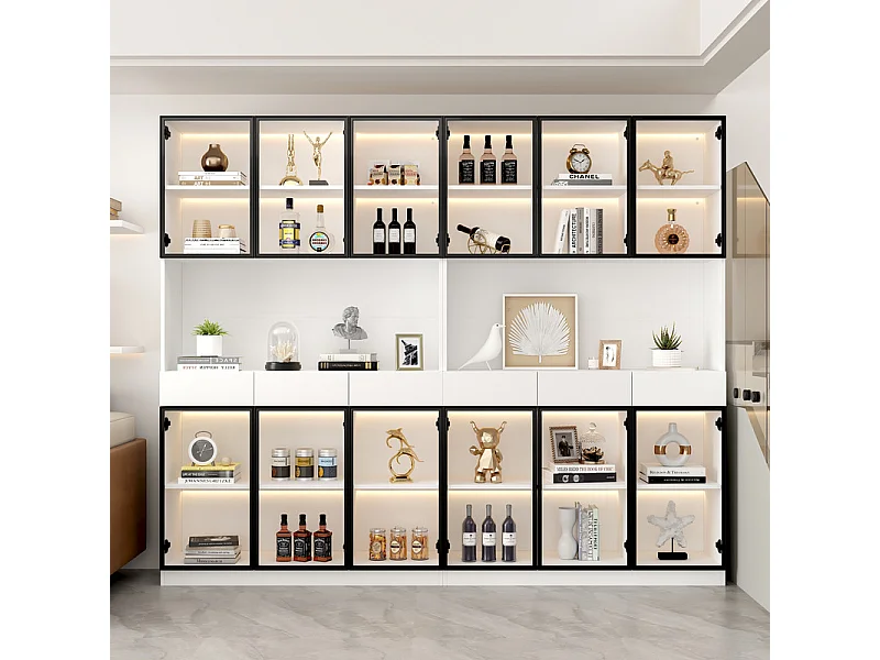 Vitrine Murale - 12 portes en verre et 6 tiroirs - avec RGB LED - Panneau de particule - 240x36x200cm