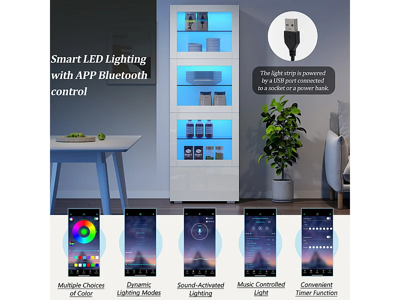 Vitrine 3 portes en acrylique et 1 tiroir, 5 étagères, avec Lumières LED, MDF, 60x40x173CM