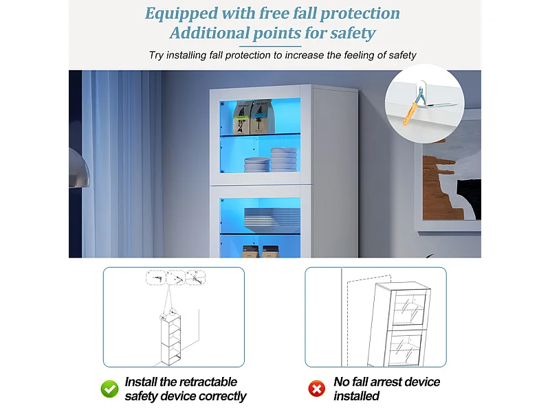 Vitrine 3 portes en acrylique et 1 tiroir, 5 étagères, avec Lumières LED, MDF, 60x40x173CM
