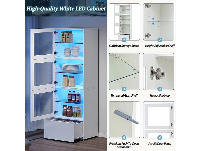Vitrine 3 portes en acrylique et 1 tiroir, 5 étagères, avec Lumières LED, MDF, 60x40x173CM