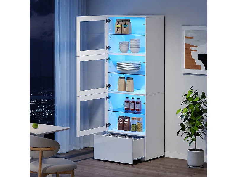 Vitrine 3 portes en acrylique et 1 tiroir, 5 étagères, avec Lumières LED, MDF, 60x40x173CM