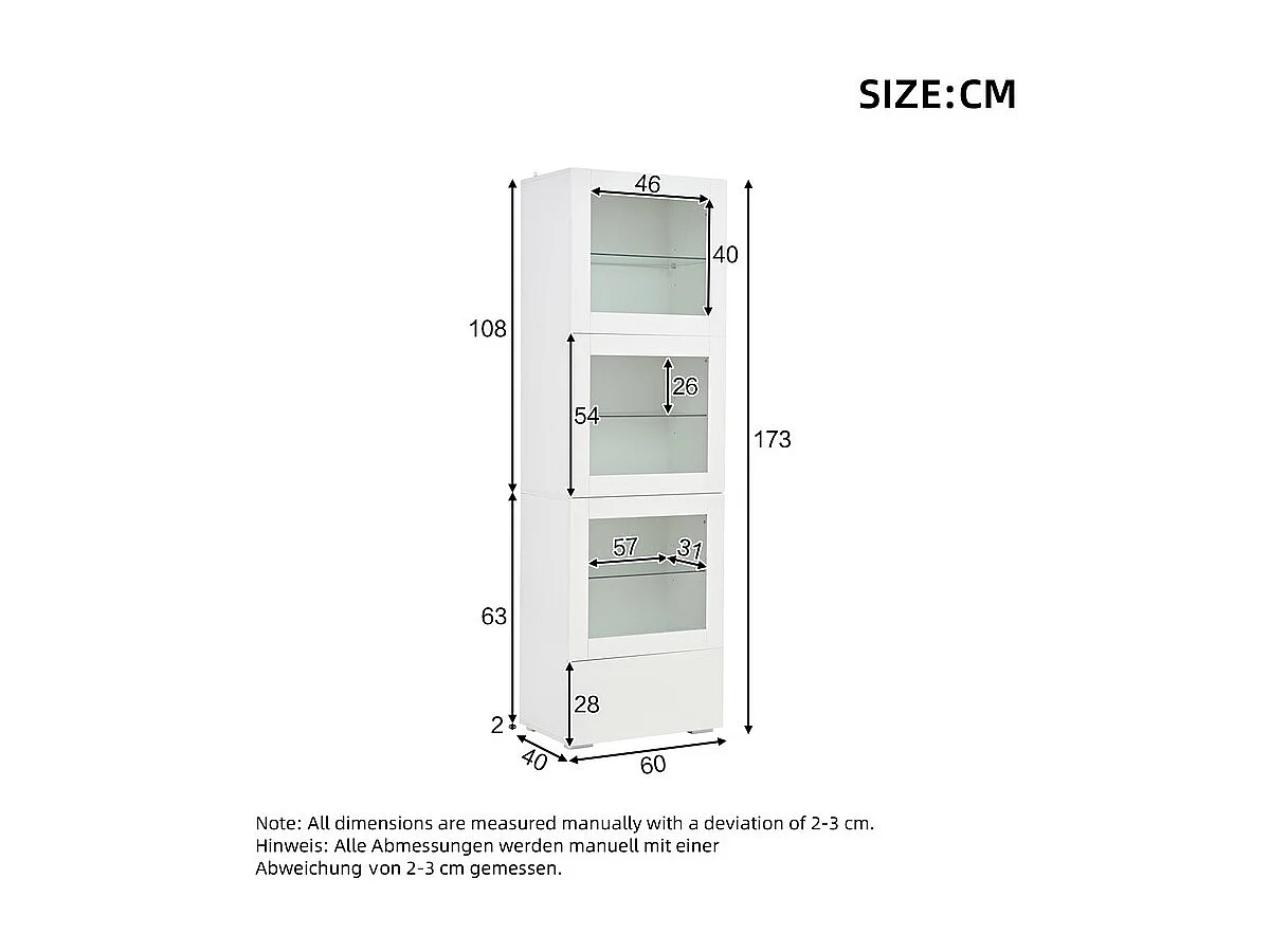 Vitrine 3 portes en acrylique et 1 tiroir, 5 étagères, avec Lumières LED, MDF, 60x40x173CM
