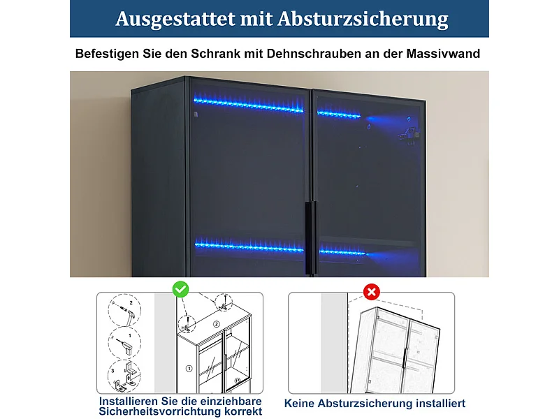 Vitrine avec LED - 8 portes et 2 niches - dispositif anti-inclinaison - couleur et luminosité réglables - 160x30x200cm