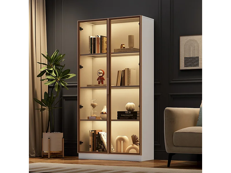 Vitrine 2 portes en verre marron - avec LED 16 couleurs - étagères mobiles - Panneau de particule - 80x40x160cm