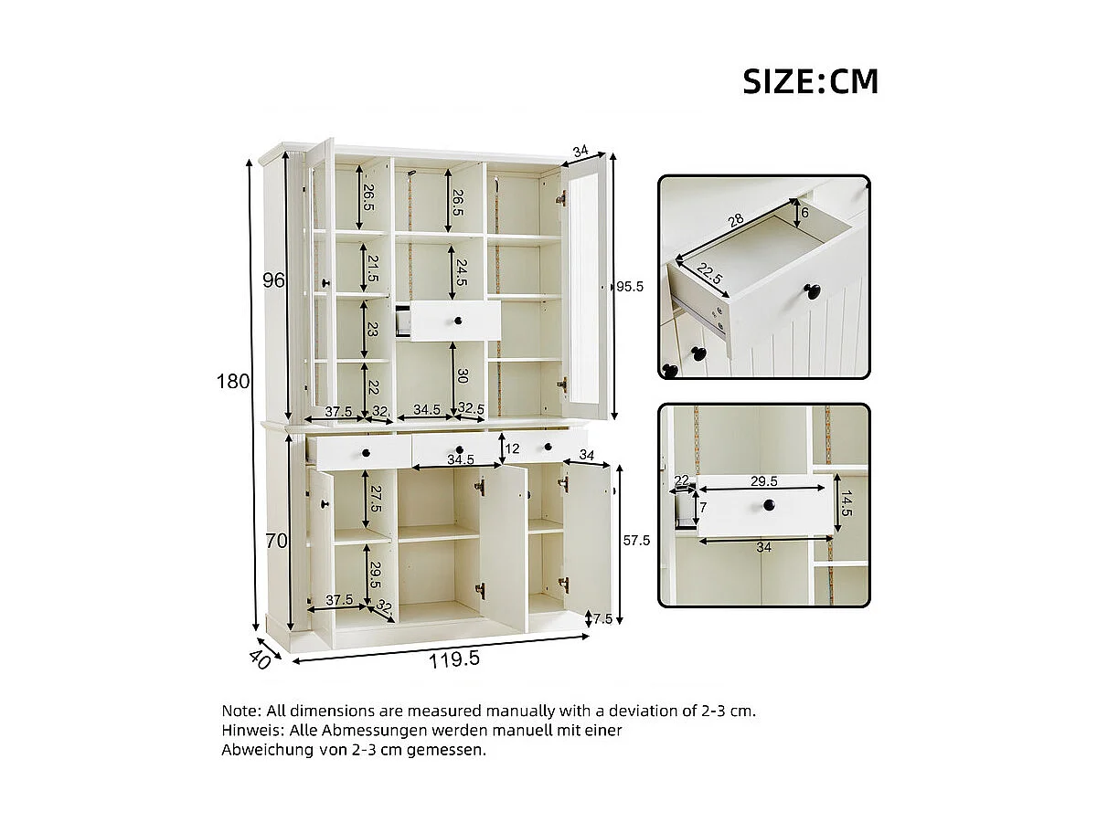 Vitrine sur pied avec 4 tiroirs et 5 portes - 21 compartiments - LED 16 couleurs - MDF - 119,5x40x180cm
