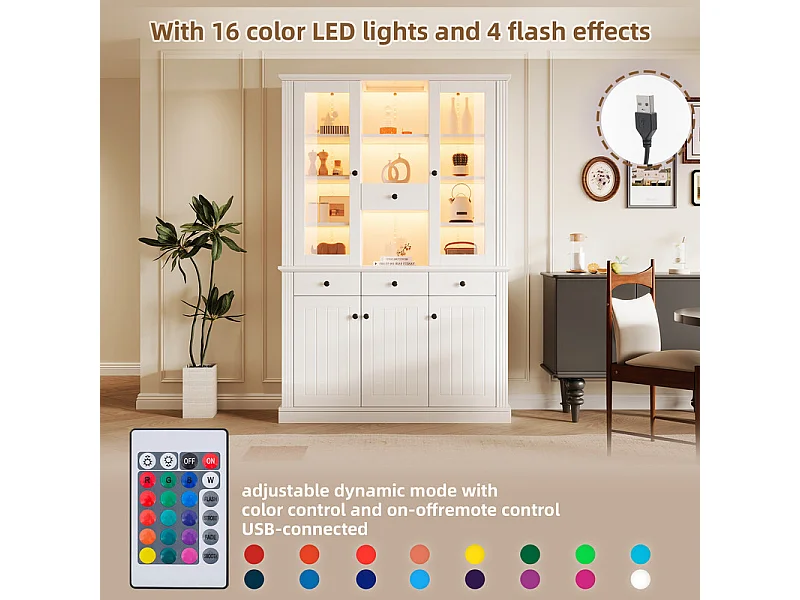 Vitrine sur pied avec 4 tiroirs et 5 portes - 21 compartiments - LED 16 couleurs - MDF - 119,5x40x180cm