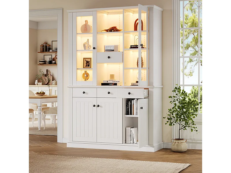 Vitrine sur pied avec 4 tiroirs et 5 portes - 21 compartiments - LED 16 couleurs - MDF - 119,5x40x180cm