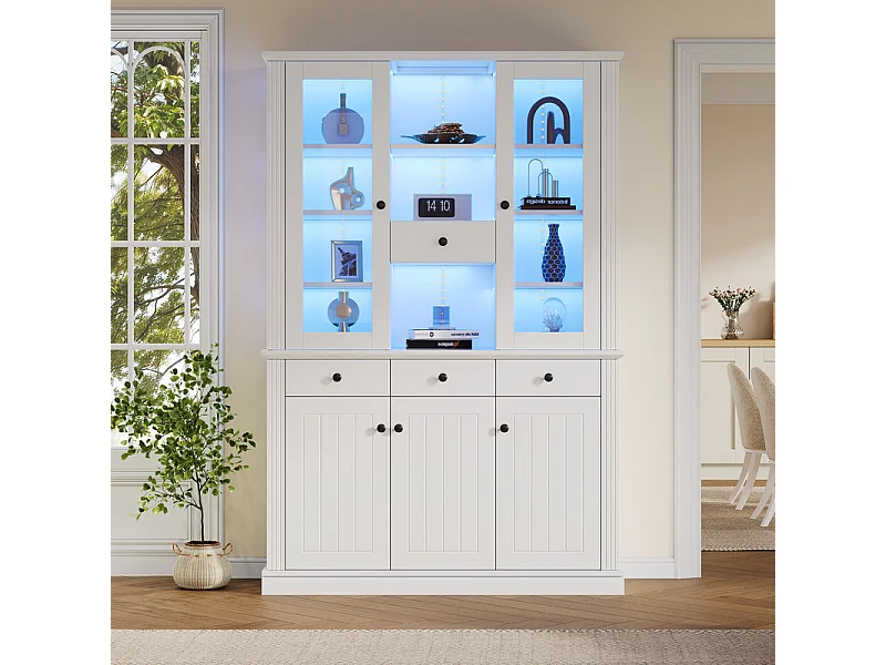 Vitrine sur pied avec 4 tiroirs et 5 portes - 21 compartiments - LED 16 couleurs - MDF - 119,5x40x180cm