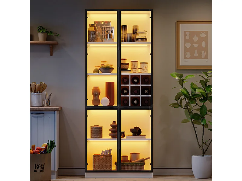 Vitrine 80x35x200 cm - avec 2 portes vitrées et LED - stockage de vin intégré - 5 Compartiments - Blanc