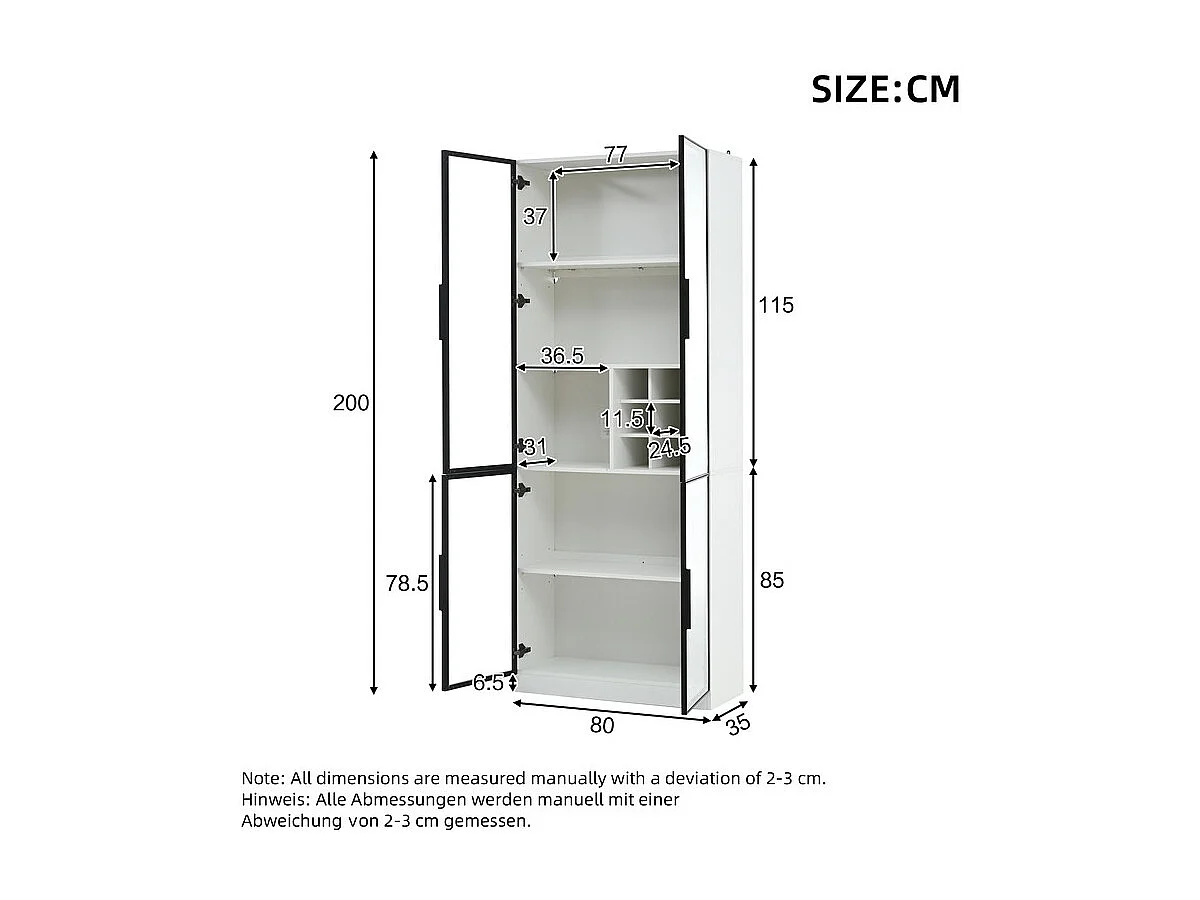 Vitrine 80x35x200 cm - avec 2 portes vitrées et LED - stockage de vin intégré - 5 Compartiments - Blanc