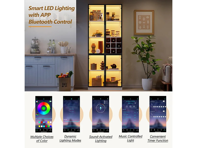 Vitrine 80x35x200 cm - avec 2 portes vitrées et LED - stockage de vin intégré - 5 Compartiments - Blanc