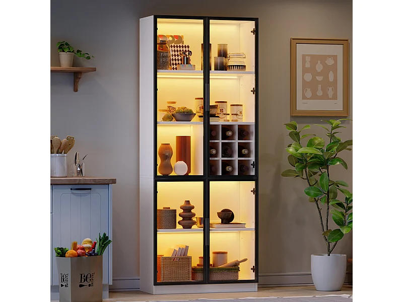 Vitrine 80x35x200 cm - avec 2 portes vitrées et LED - stockage de vin intégré - 5 Compartiments - Blanc