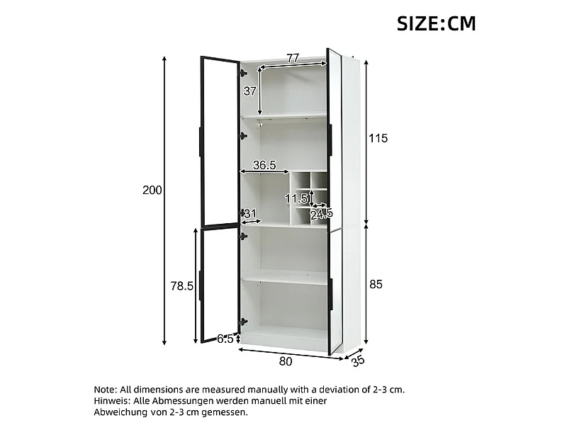 Vitrine 80x35x200 cm - avec 2 portes vitrées et LED - stockage de vin intégré - 5 Compartiments - Blanc