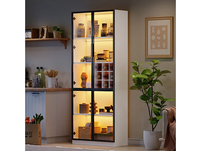 Vitrine 80x35x200 cm - avec 2 portes vitrées et LED - stockage de vin intégré - 5 Compartiments - Blanc