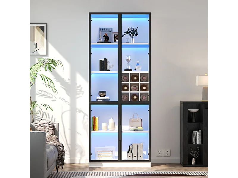 Vitrine 80x35x200 cm - avec 2 portes vitrées et LED - stockage de vin intégré - 5 Compartiments - Blanc