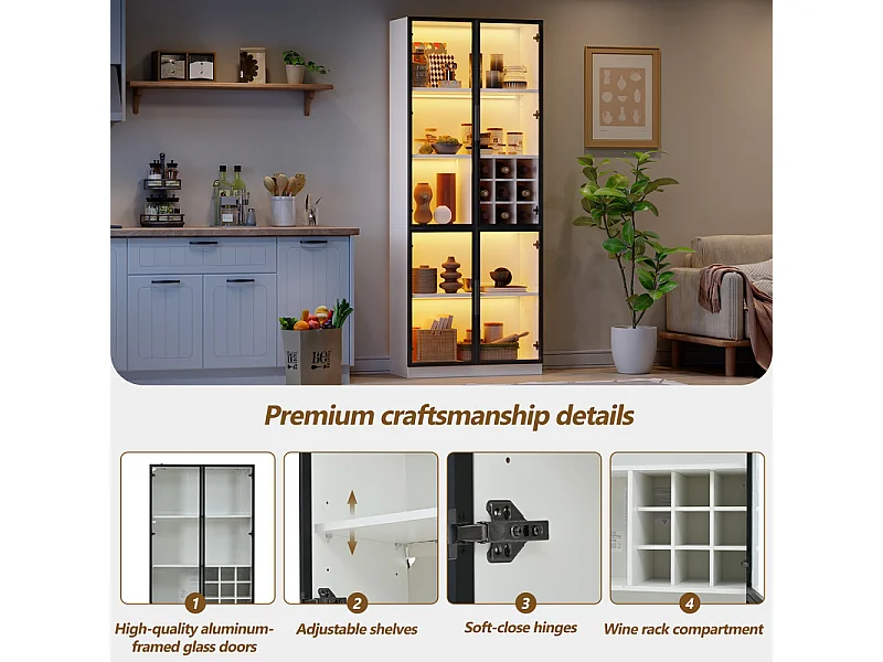 Vitrine 80x35x200 cm - avec 2 portes vitrées et LED - stockage de vin intégré - 5 Compartiments - Blanc