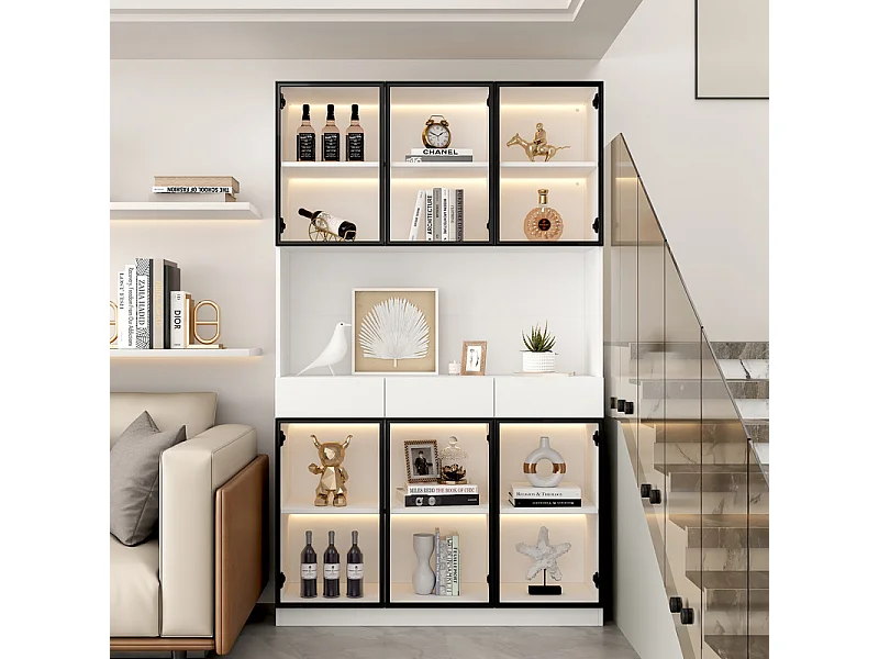 Vitrine Murale - 6 portes en verre et 3 tiroirs - avec RGB LED - Panneau de particule - 120x36x200cm