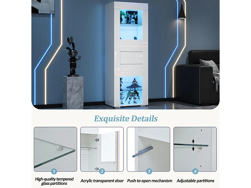 Vitrine en MDF avec porte en acrylique et LED, 2 étagères en verre trempé réglables, brillante, 60x40x170cm