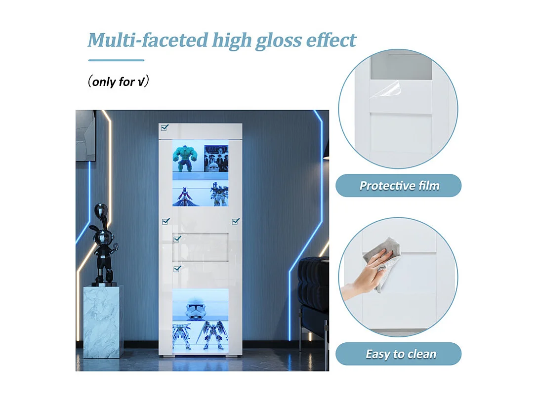 Vitrine en MDF avec porte en acrylique et LED, 2 étagères en verre trempé réglables, brillante, 60x40x170cm